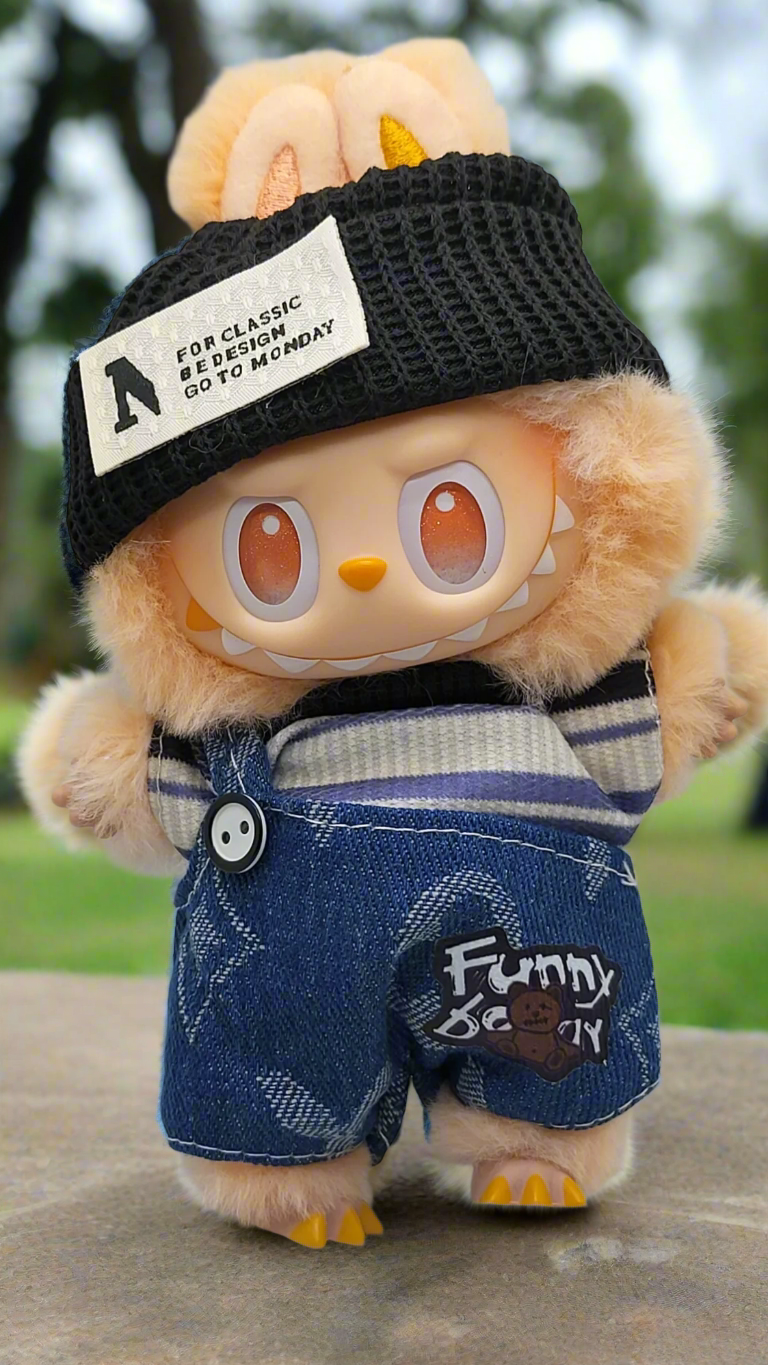 Labubu Fun & Funky Beanie + Denim Overalls Outfit