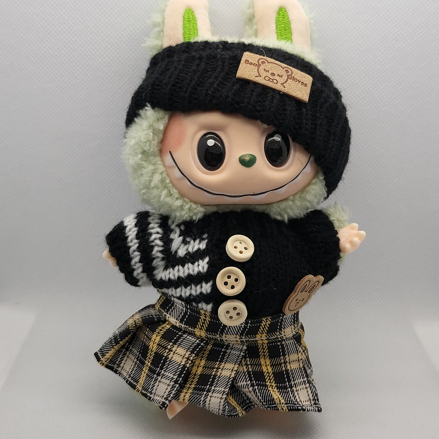Labubu Outfit - Black Knitted Sweater Skirt Set w/ Matching Black Knitted Hat