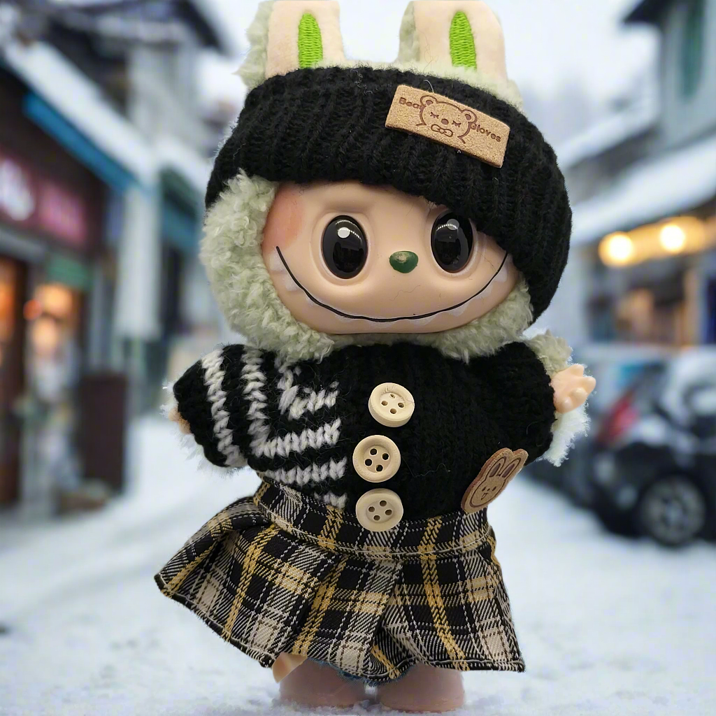 Labubu Outfit - Black Knitted Sweater Skirt Set w/ Matching Black Knitted Hat