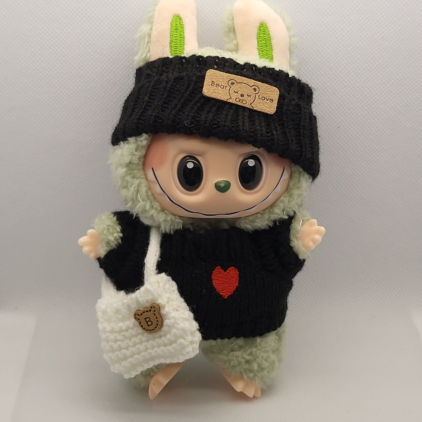 Labubu Outfit - Black Knitted Sweater Set w/ Matching Hat & White Knitted Purse