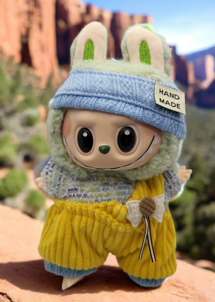 Labubu Outfit - Blue & Yellow Overalls Set w/ Matching Blue Knitted Hat