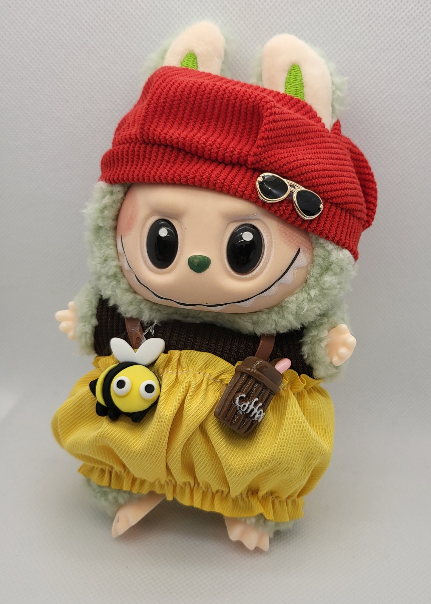 Labubu Outfit - Brown & Yellow Overall Dress Set w/ Red Hat