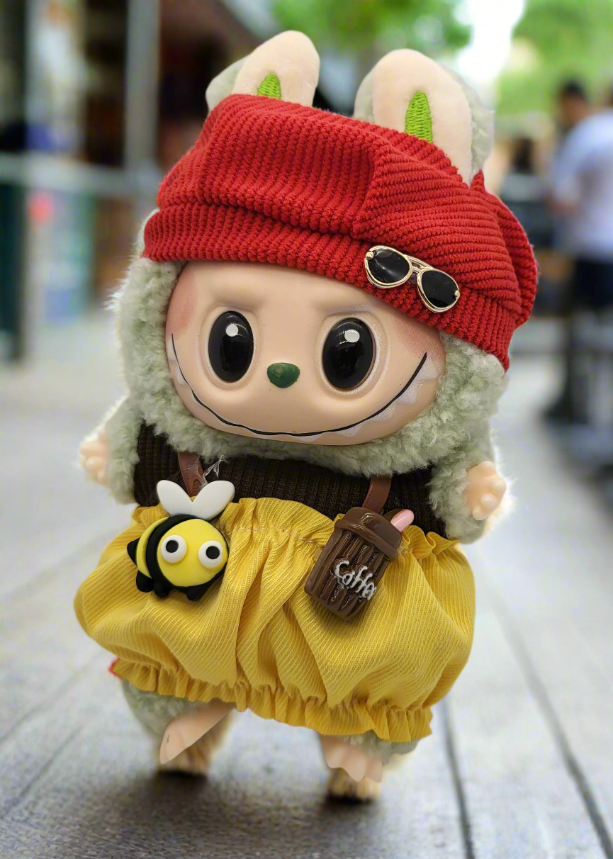 Labubu Outfit - Brown & Yellow Overall Dress Set w/ Red Hat