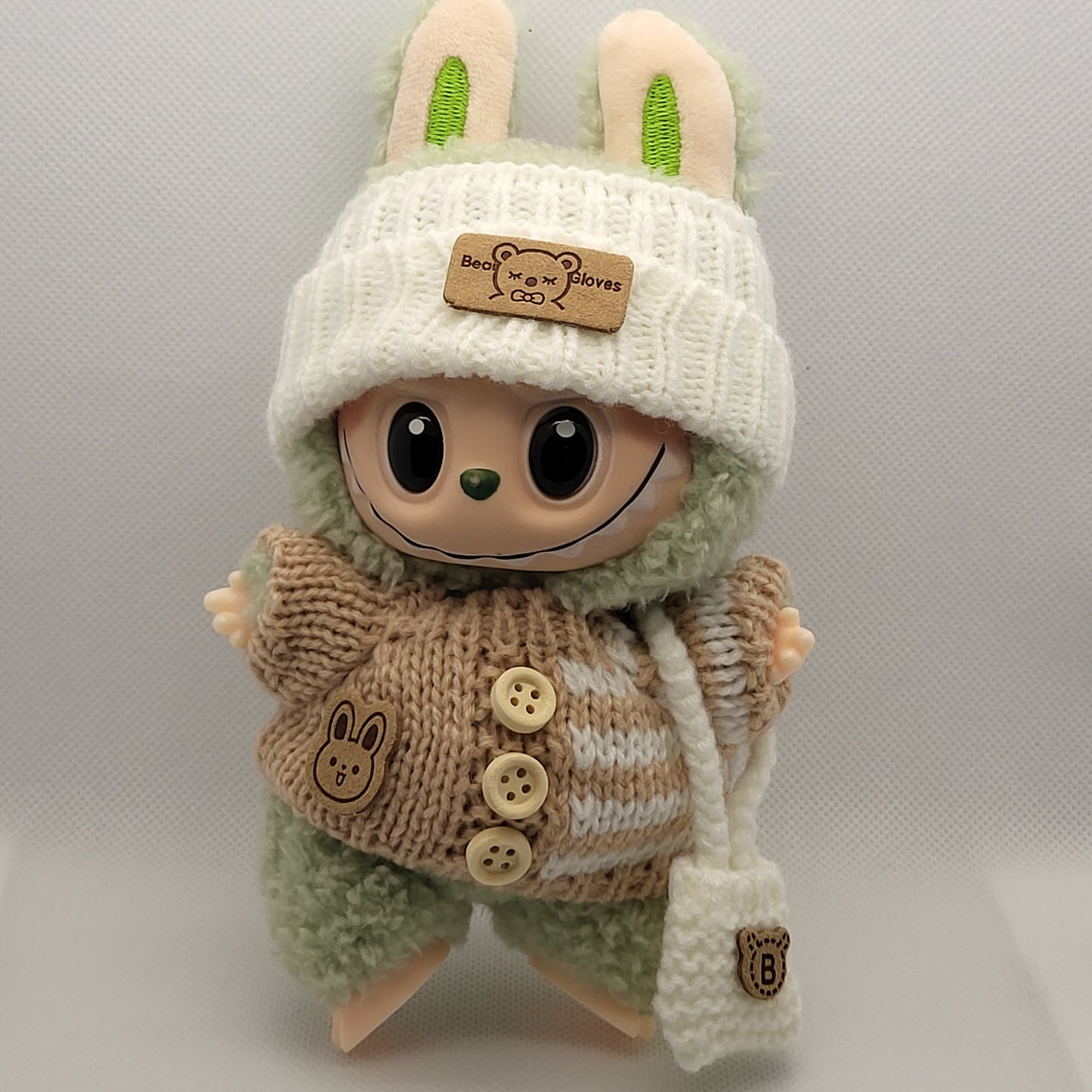 Labubu Outfit - Brown & White Knitted Sweater w/ Matching White Knitted Hat