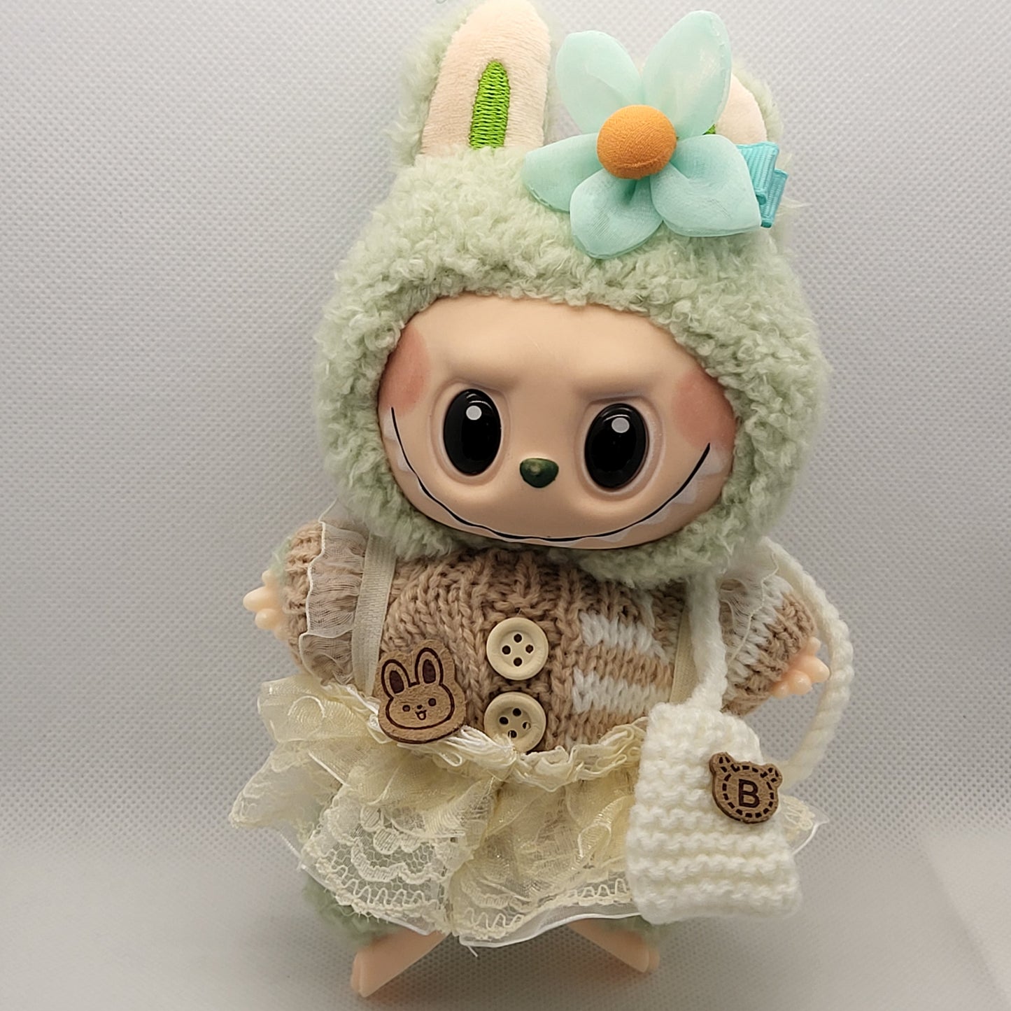 Labubu Outfit - Brown Knitted Sweater Skirt Set w/ Teal Floral Accessory & Knitted White Purse