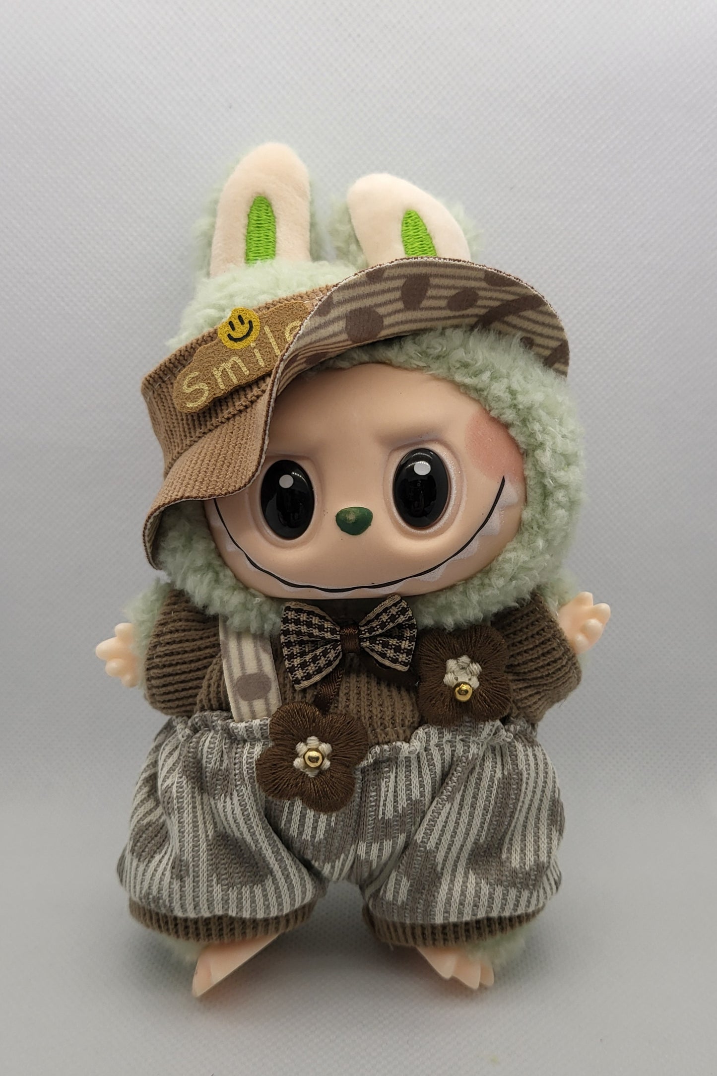 Labubu Outfit - Brown & Gray Overalls Set w/ Matching Bucket Hat