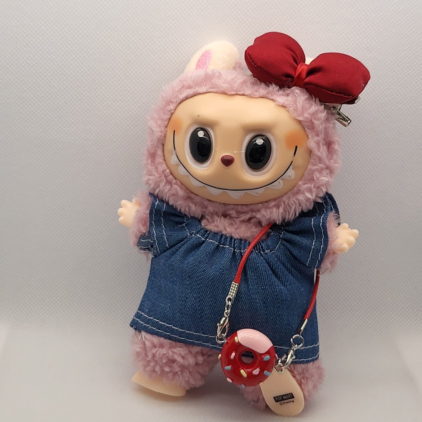 Labubu Outfit - Blue Denim Dress Set w/ Red Bow & Donut Purse