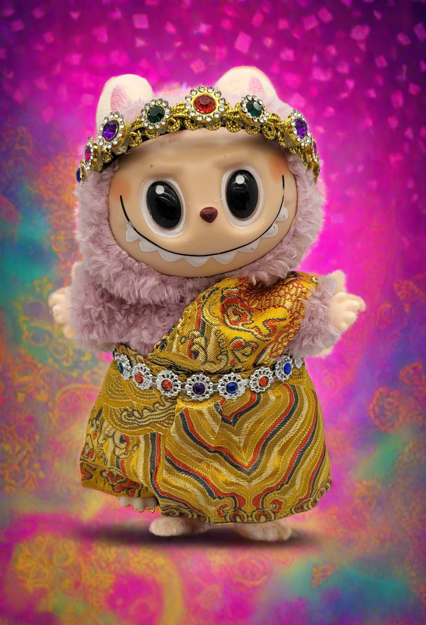 Labubu Outfit - Ornate Gold Dress w/ Blue & Red Accents Set w/ Jeweled Belt & Crown