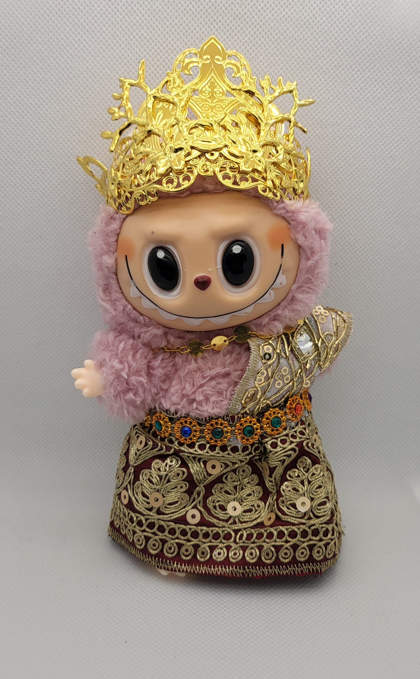 Labubu Outfit - Gold Embroidered Dress Set w/ Multicolored Jeweled Belt & Ornate Golden Crown