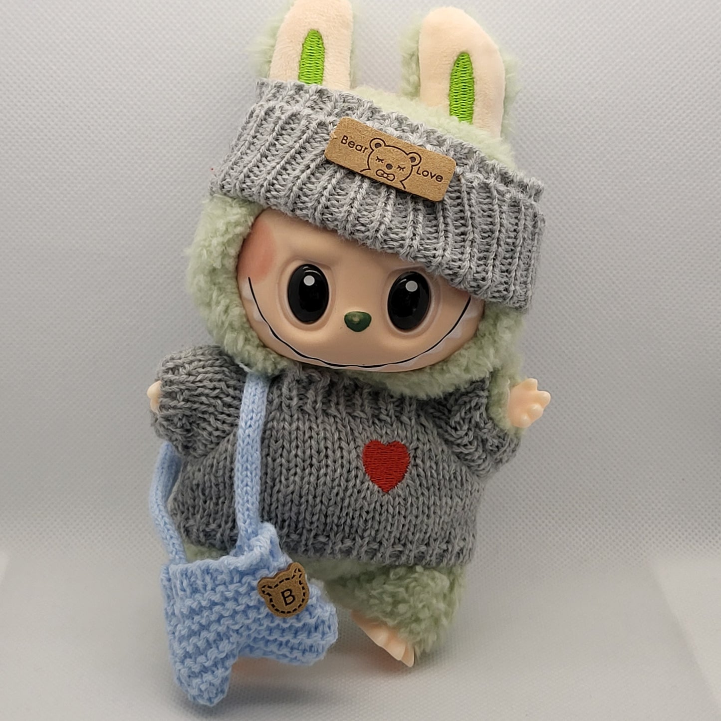 Labubu Outfit - Gray Knitted Sweater Set w/ Matching Hat & Light Blue Knitted Purse
