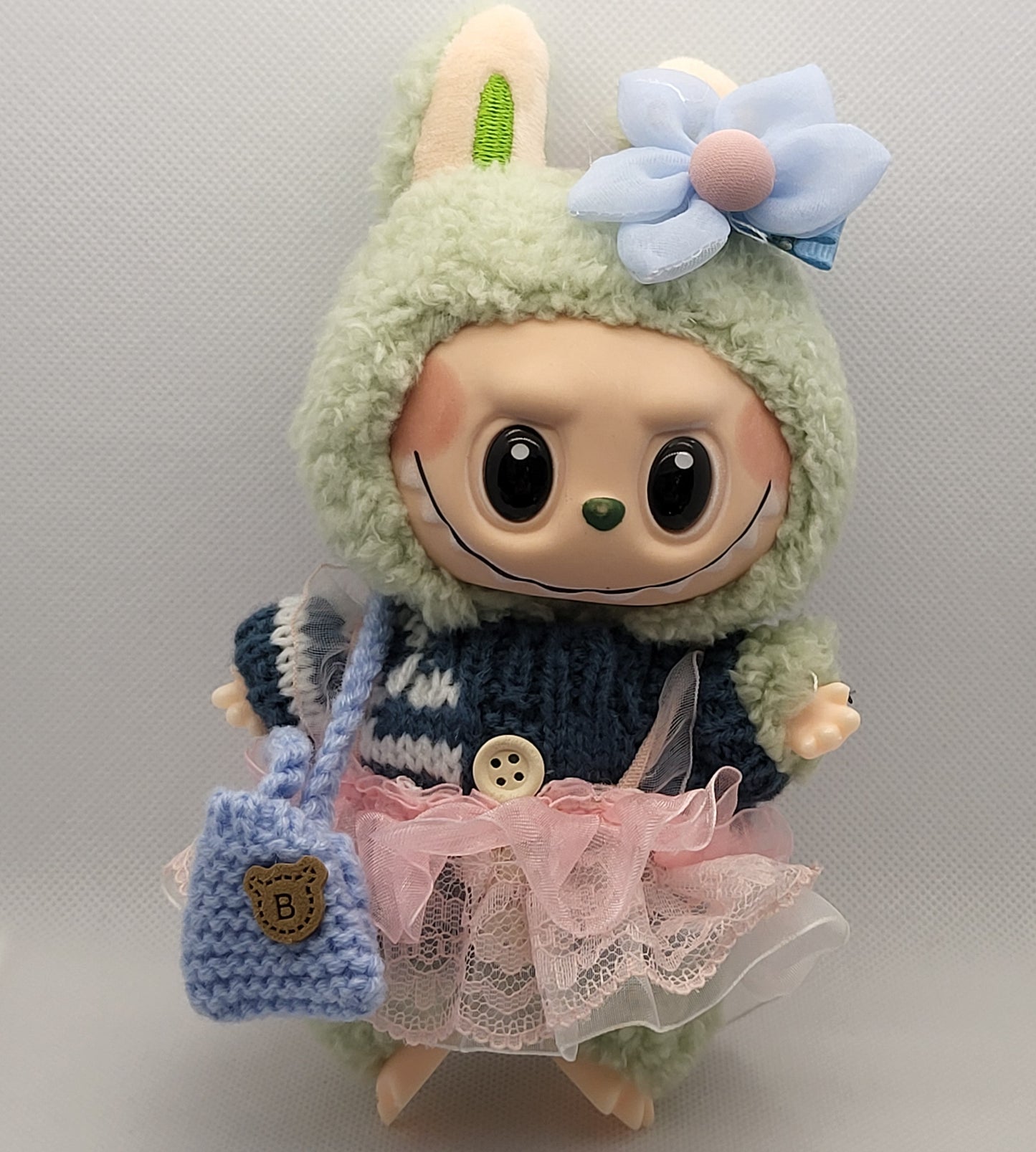 Labubu Outfit - Dark Blue & Pink Knitted Sweater Skirt Set w/ Floral Accessory & Light Blue Knitted Purse