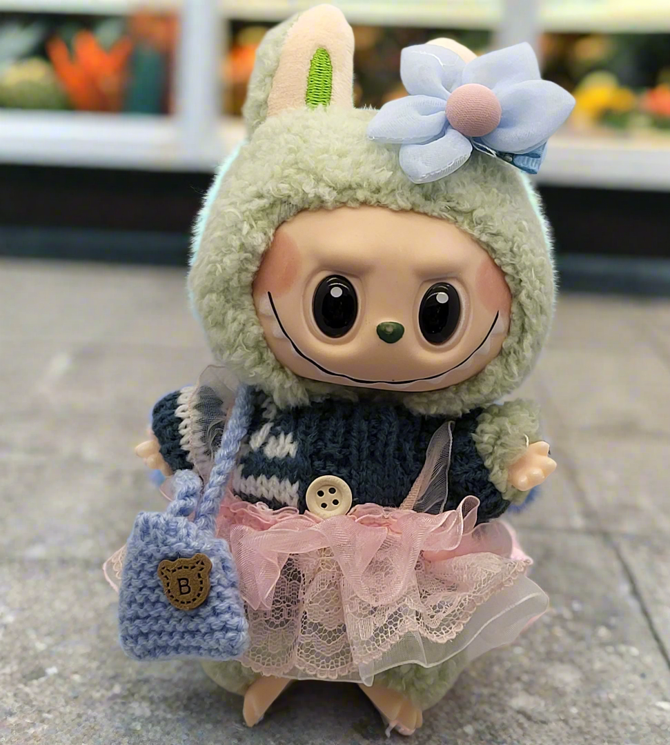 Labubu Outfit - Dark Blue & Pink Knitted Sweater Skirt Set w/ Floral Accessory & Light Blue Knitted Purse