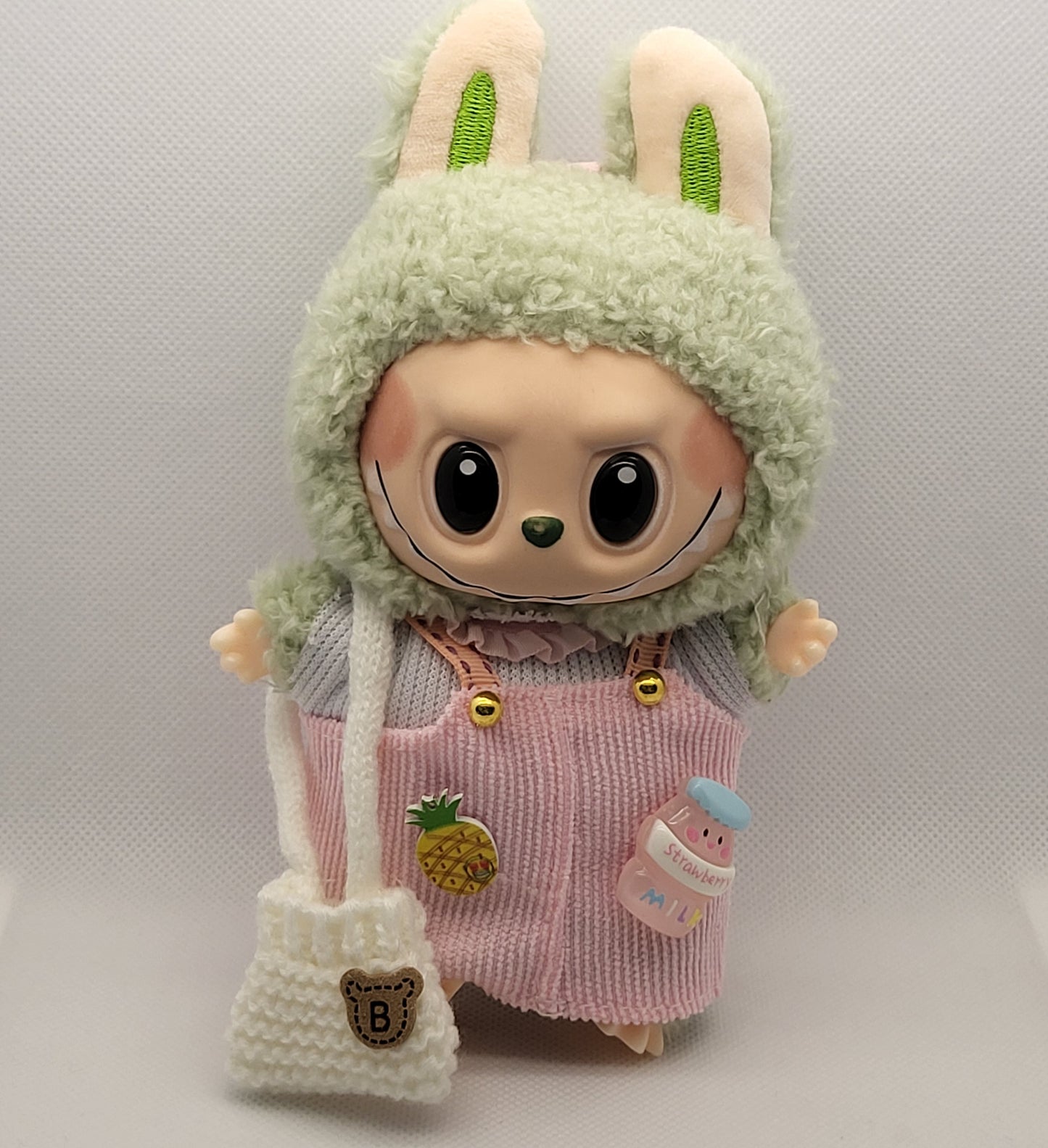 Labubu Outfit - Pink & White Overall Dress Set w/ White Knitted Purse