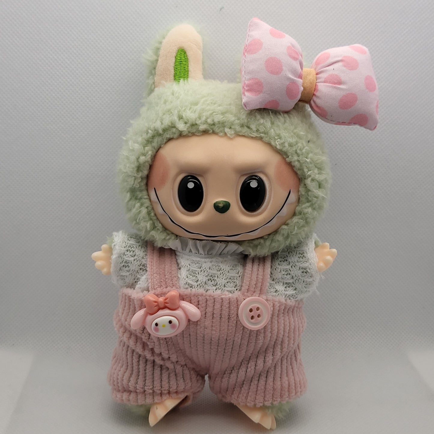 Labubu Outfit - Pink & White Overalls Set w/ Pink Bow