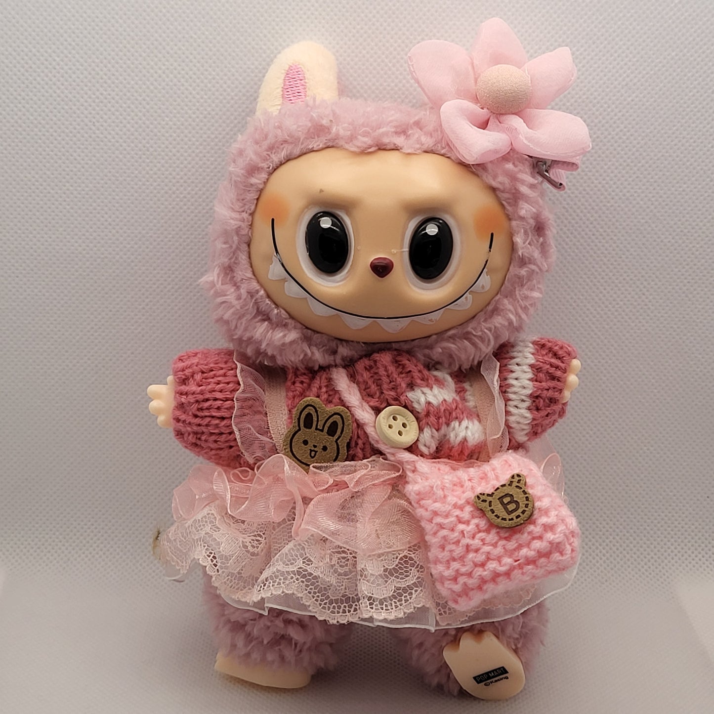 Labubu Outfit - Pink Knitted Sweater Skirt Set w/ Pink Floral Accessory & Pink Knitted Purse