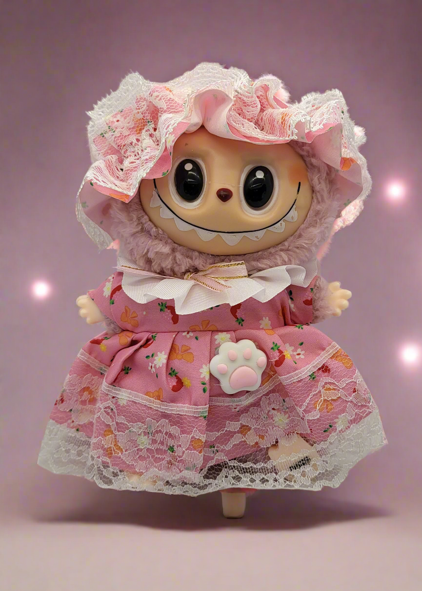 Labubu Outfit - Pink Lace Dress Set w/ Matching Lace Bonnet Hat