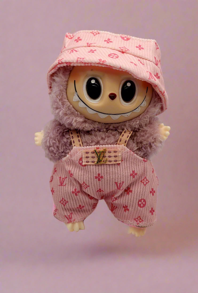 Labubu Outfit - Pink Louis Vuitton Monogram Canvas Print Overalls Set w/ Matching Bucket Hat