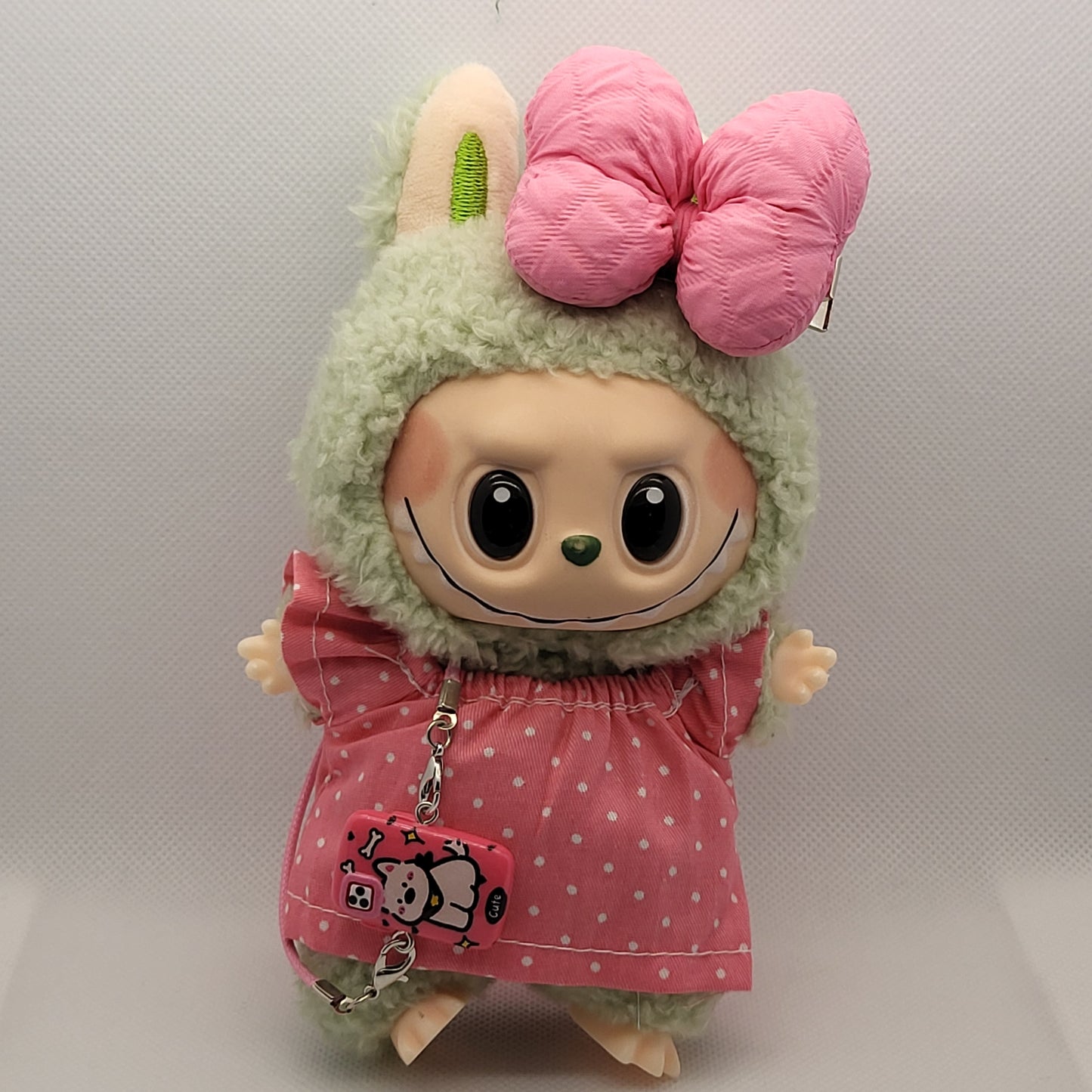 Labubu Outfit - Pink Polka Dot Dress Set w/ Pink Bow & Phone Accessory