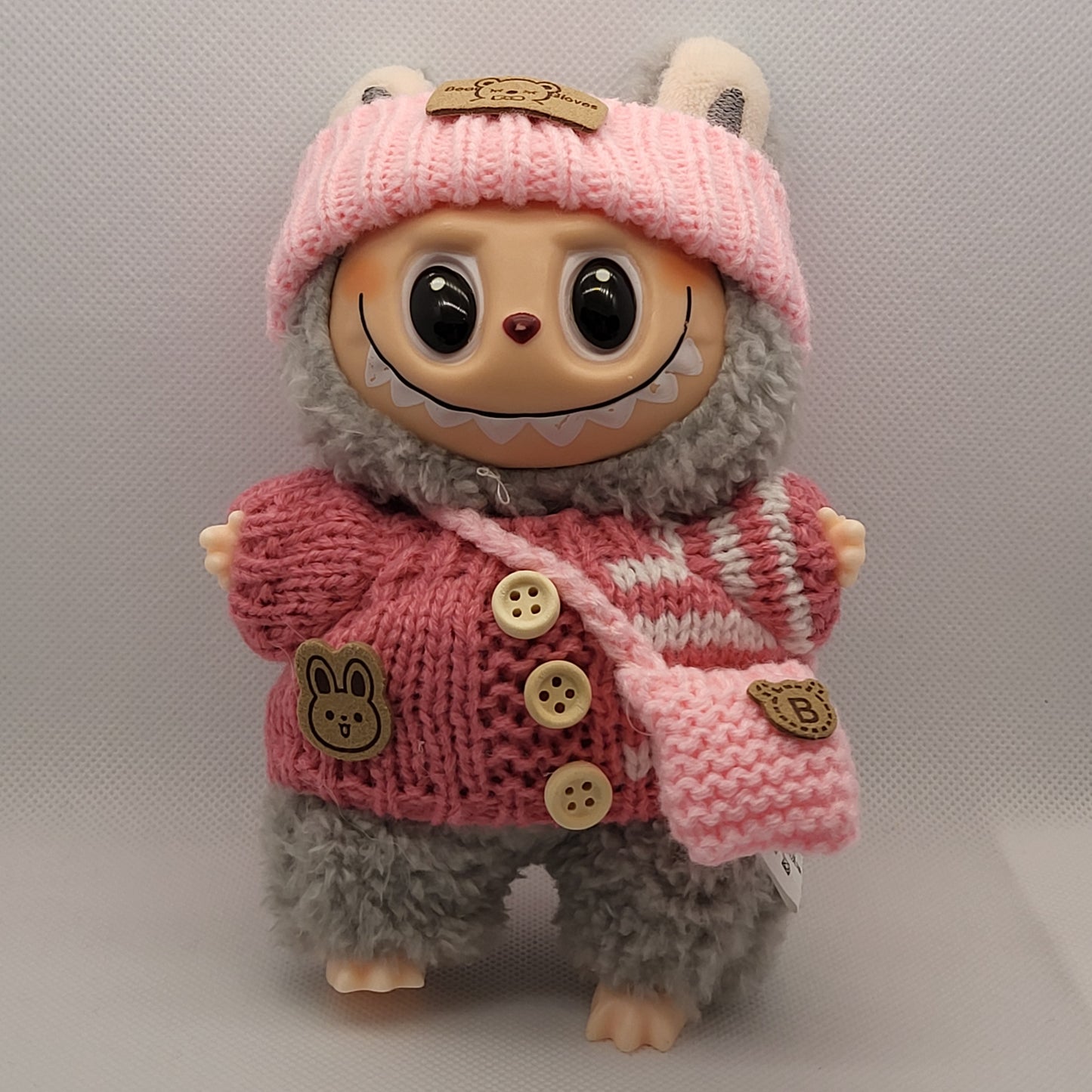 Labubu Outfit - Pink Knitted Sweater Set w/ Light Pink Knitted Hat & Purse