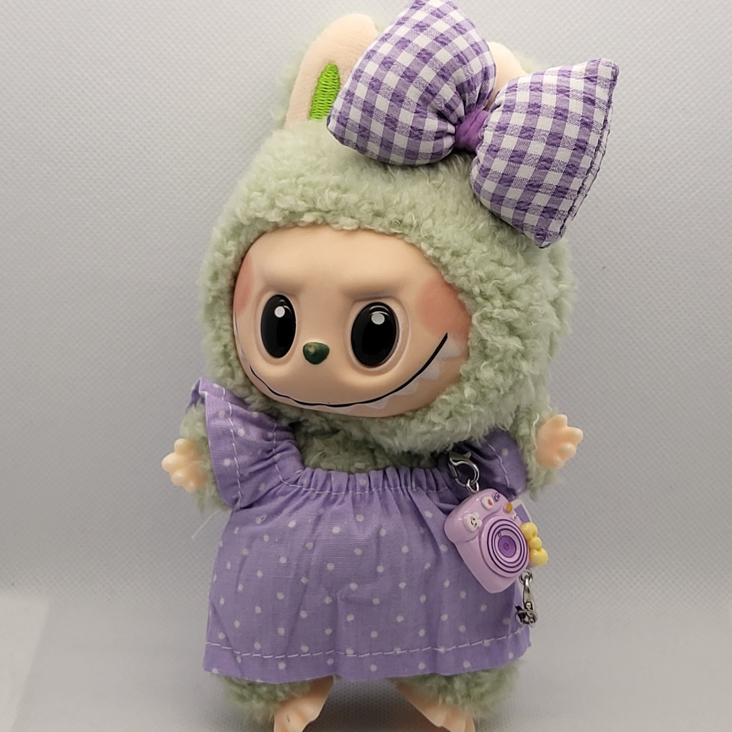 Labubu Outfit - Purple Polka Dot Dress Set w/ Purple Gingham Bow & Camera Accessory
