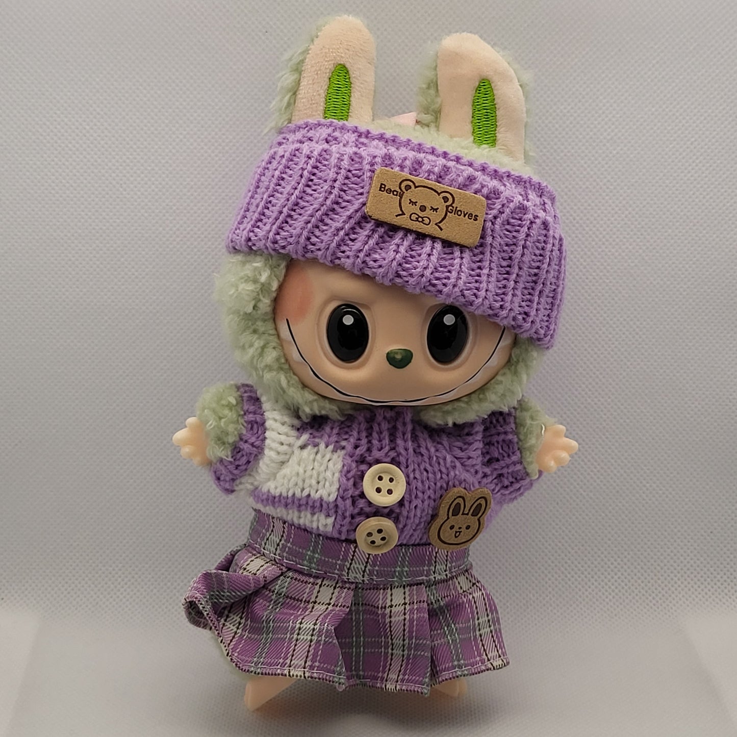 Labubu Outfit - Purple Knitted Sweater Skirt Set w/ Matching Purple Knitted Hat