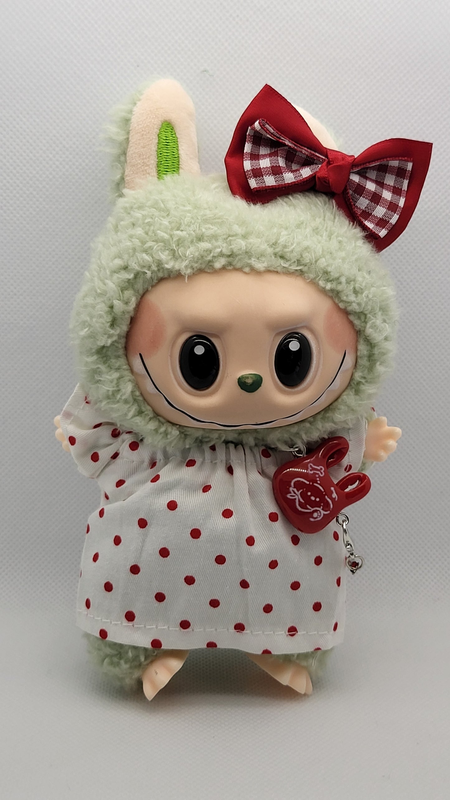 Labubu Outfit - White & Red Polka Dot Dress Set w/ Red Gingham Bow & Red Purse
