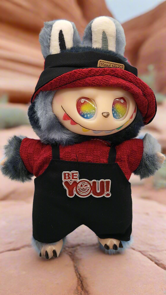 Labubu Outfit - Black & Red Overalls Set w/ Matching Hat