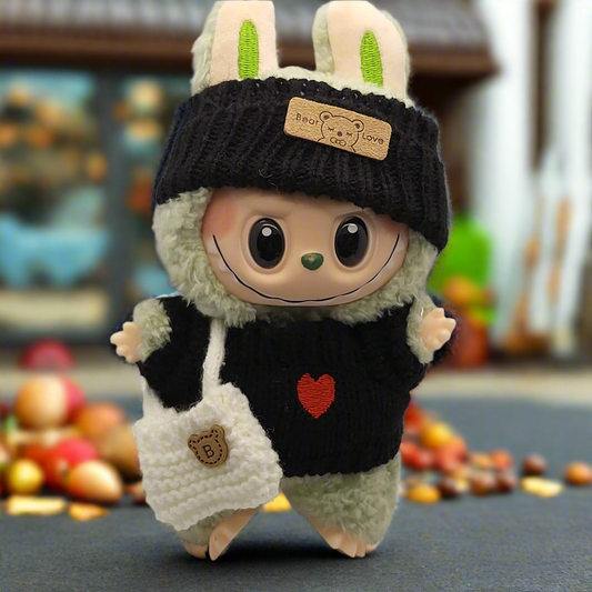 Labubu Outfit - Black Knitted Sweater Set w/ Matching Hat & White Knitted Purse