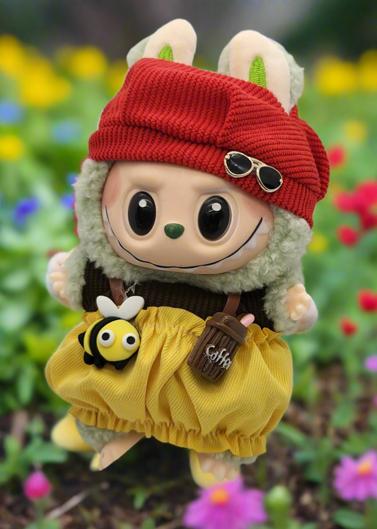 Labubu Outfit - Brown & Yellow Overall Dress Set w/ Red Hat