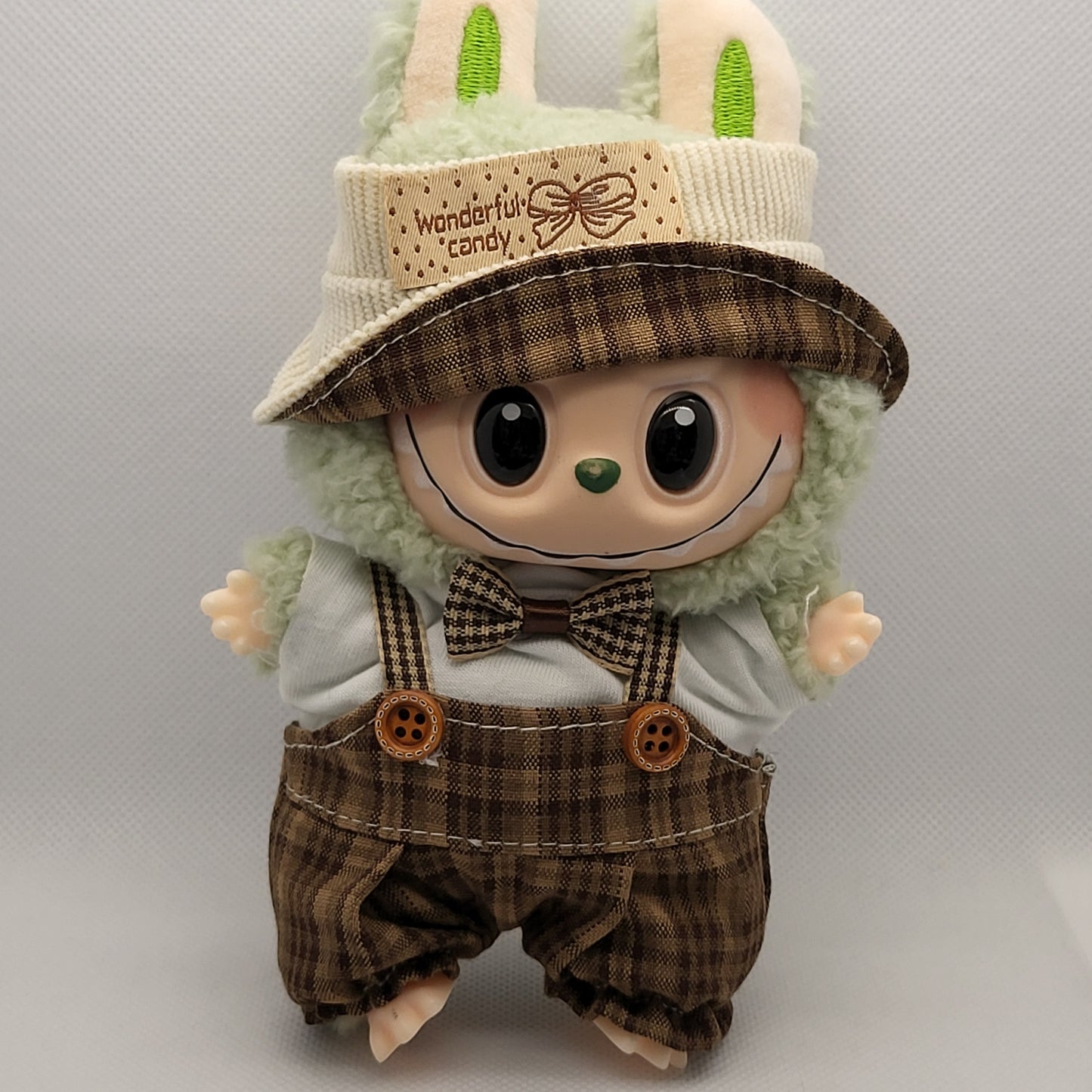 Labubu Outfit - Brown & White Gingham Overalls Set w/ Matching Hat