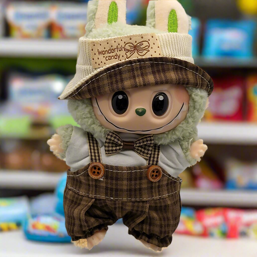 Labubu Outfit - Brown & White Gingham Overalls Set w/ Matching Hat