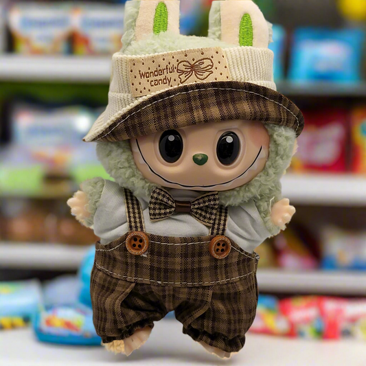 Labubu Outfit - Brown & White Gingham Overalls Set w/ Matching Hat