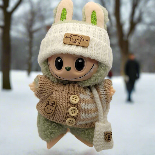 Labubu Outfit - Brown & White Knitted Sweater w/ Matching White Knitted Hat