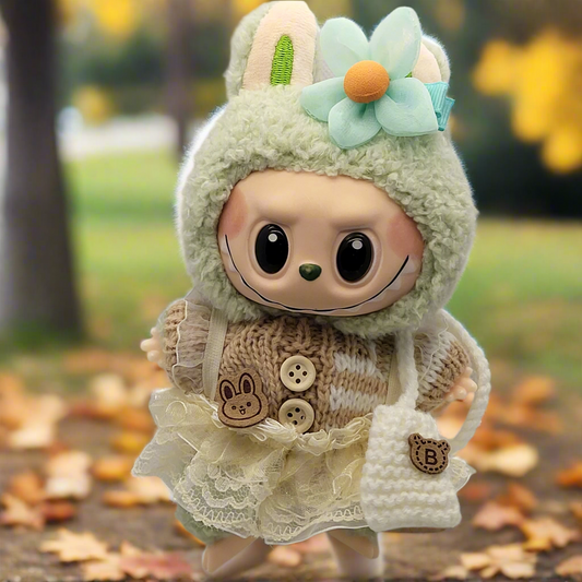 Labubu Outfit - Brown Knitted Sweater Skirt Set w/ Teal Floral Accessory & Knitted White Purse
