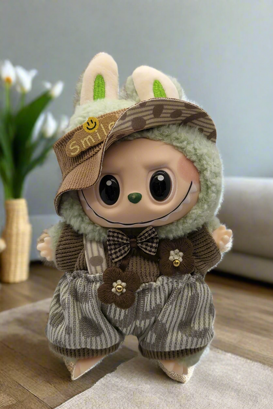 Labubu Outfit - Brown & Gray Overalls Set w/ Matching Bucket Hat
