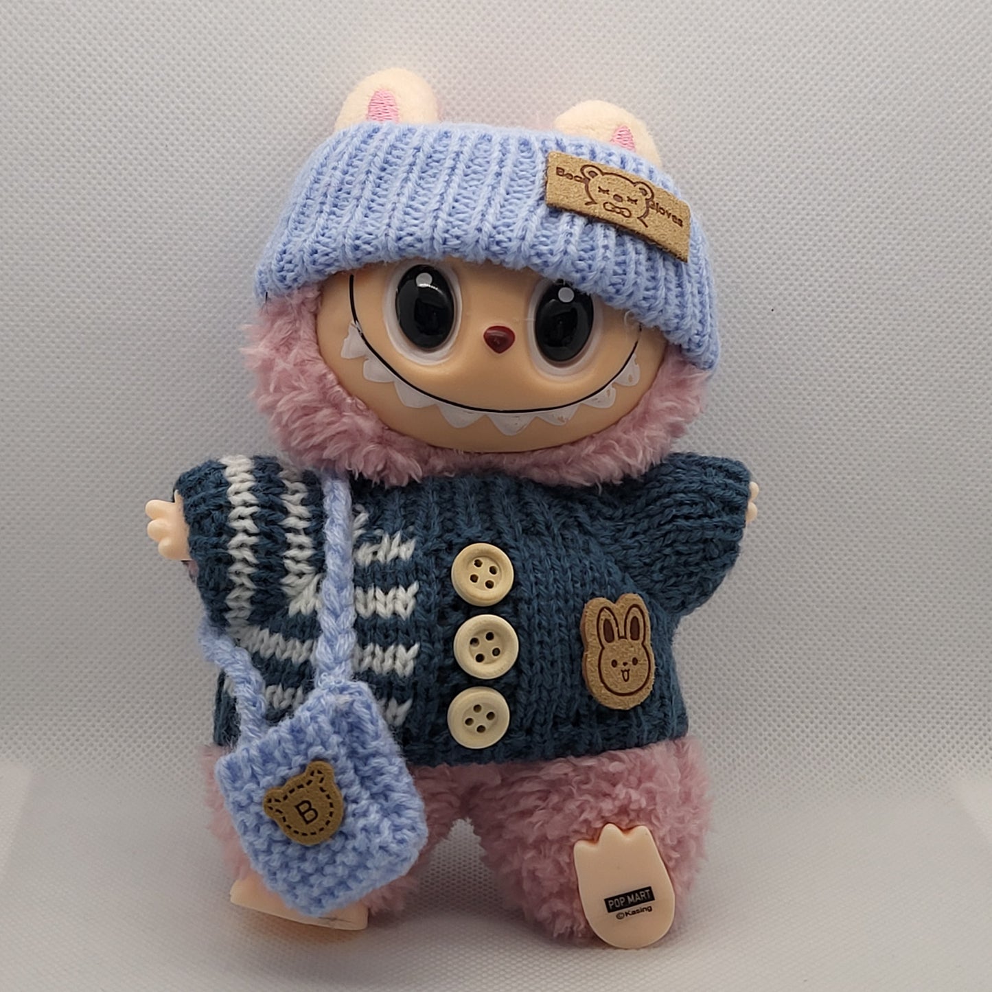Labubu Outfit - Dark Blue Sweater Set w/ Light Blue Knitted Hat & Purse