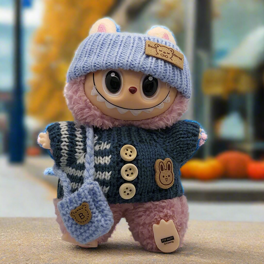 Labubu Outfit - Dark Blue Sweater Set w/ Light Blue Knitted Hat & Purse
