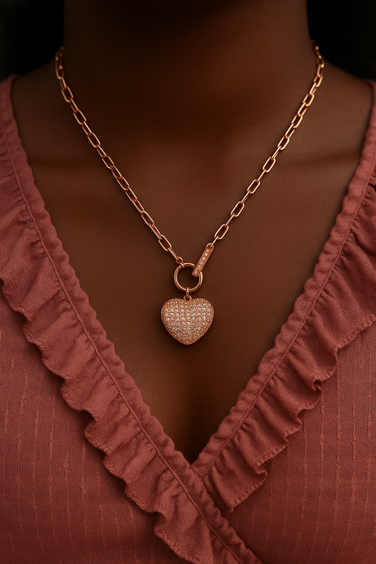 Sparkling, pave, rose gold heart pendant necklace