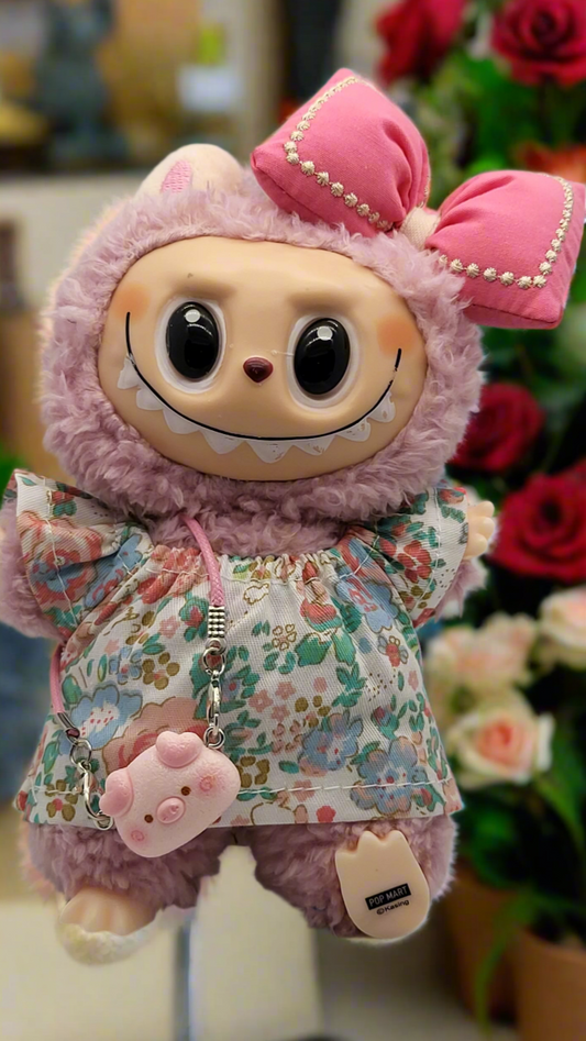 Labubu Outfit - Multicolored Floral Print Dress Set w/ Pink Bow & Pig Purse