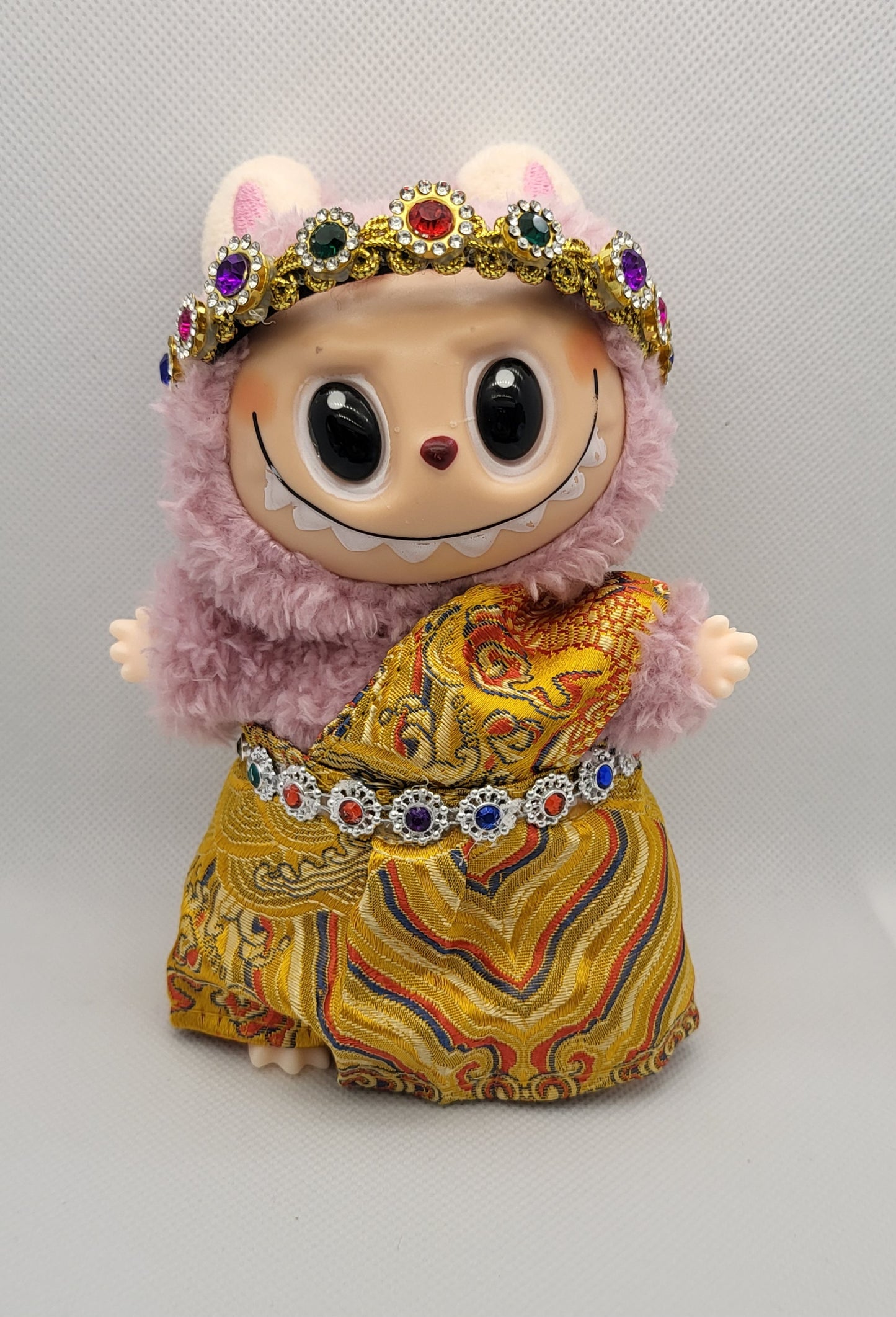 Labubu Outfit - Ornate Gold Dress w/ Blue & Red Accents Set w/ Jeweled Belt & Crown