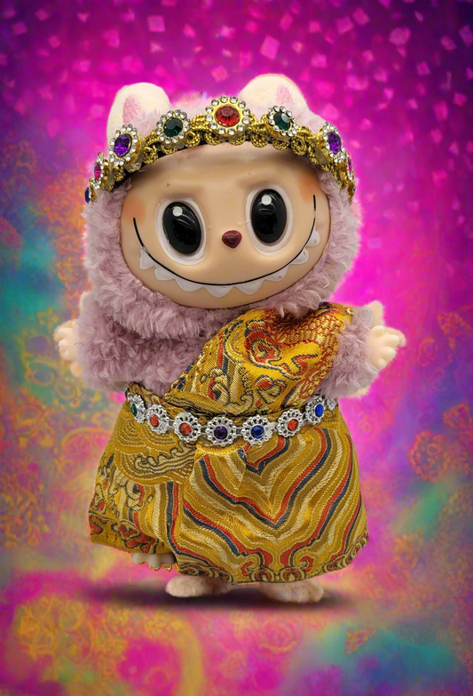 Labubu Outfit - Ornate Gold Dress w/ Blue & Red Accents Set w/ Jeweled Belt & Crown