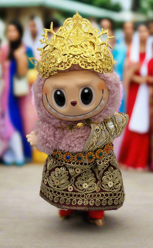 Labubu Outfit - Gold Embroidered Dress Set w/ Multicolored Jeweled Belt & Ornate Golden Crown