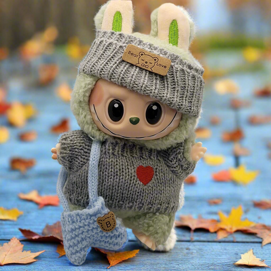 Labubu Outfit - Gray Knitted Sweater Set w/ Matching Hat & Light Blue Knitted Purse