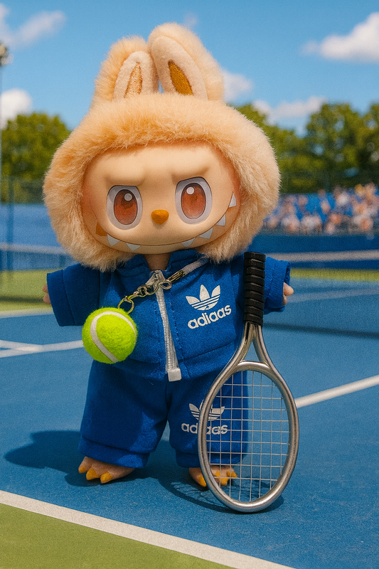 Toy figure in Adidas outfit with bunny ears on a tennis court