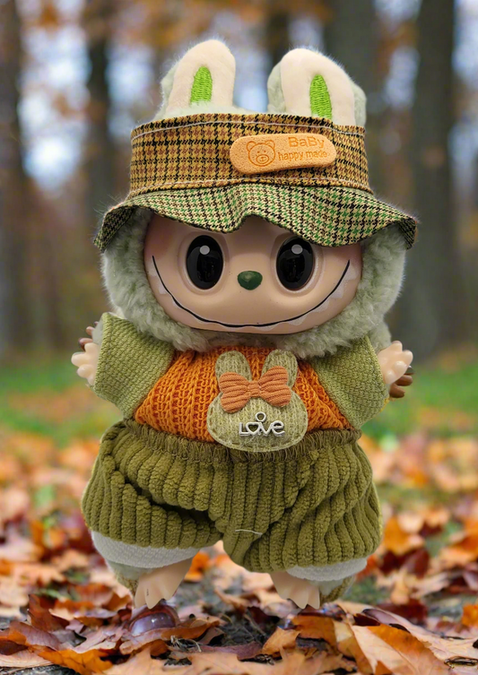 Labubu Outfit - Olive Green & Orange Loungewear Set w/ Matching Bucket Hat