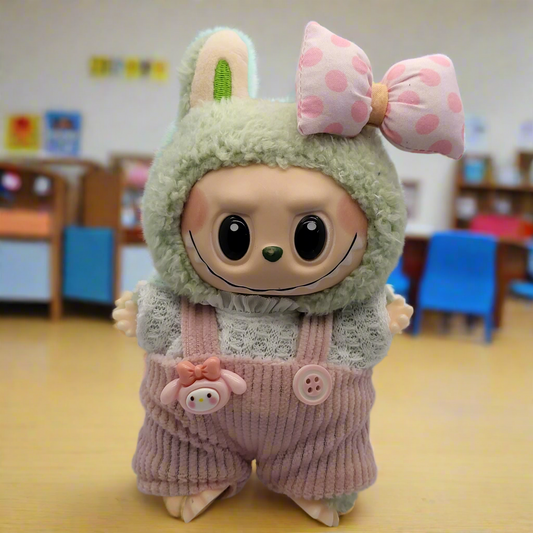 Labubu Outfit - Pink & White Overalls Set w/ Pink Bow