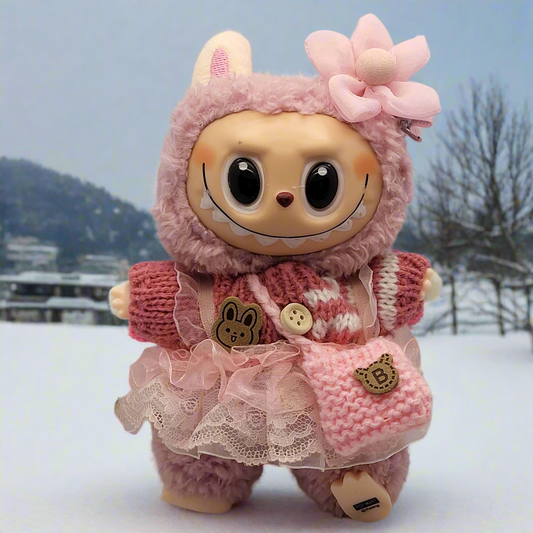 Labubu Outfit - Pink Knitted Sweater Skirt Set w/ Pink Floral Accessory & Pink Knitted Purse