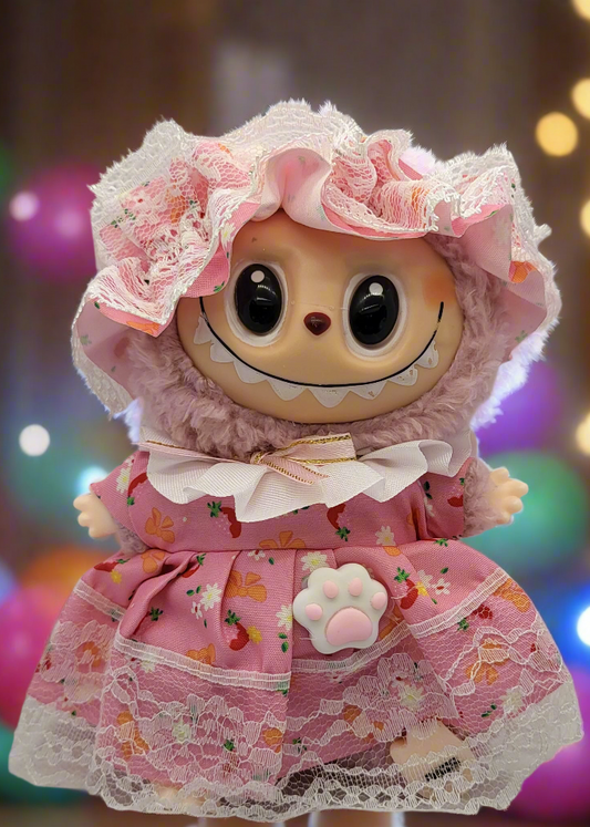 Labubu Outfit - Pink Lace Dress Set w/ Matching Lace Bonnet Hat