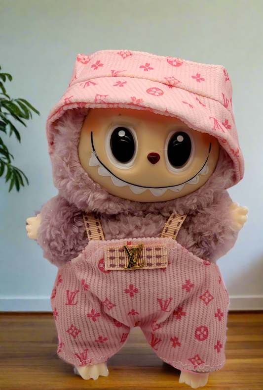 Labubu Outfit - Pink Louis Vuitton Monogram Canvas Print Overalls Set w/ Matching Bucket Hat