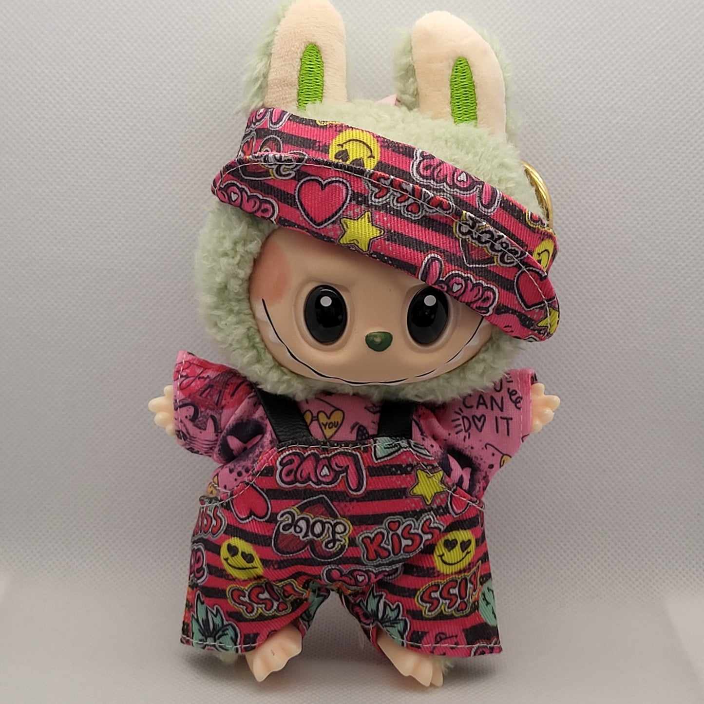 Labubu Outfit - Pink Novelty Print Overalls Set w/ Matching Hat